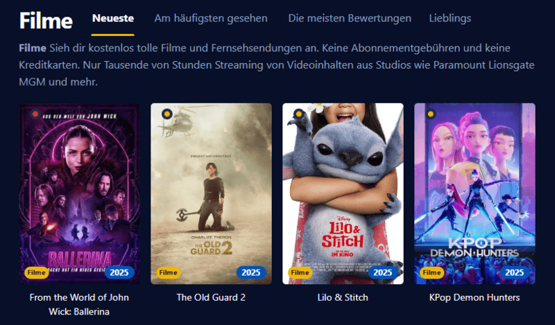 Screenshot der Filmpalast Benutzeroberflache die verschiedene Filmtitel und Serienepisoden anzeigt